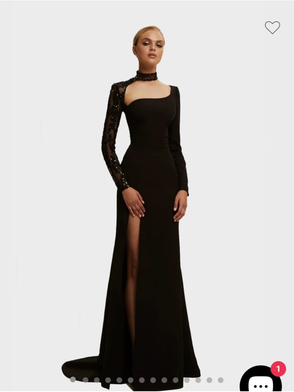Black One-Shoulder Evening Gown with Sheer Embellished Sleeve